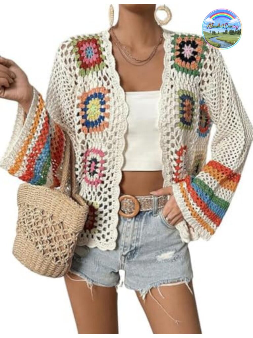 Crochet Cardigan Sweater Boho Open Front Long Sleeve Knit Top